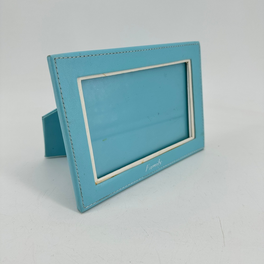 Sola Turquoise Blue Leather Family Picture Frame with White Border Stitched